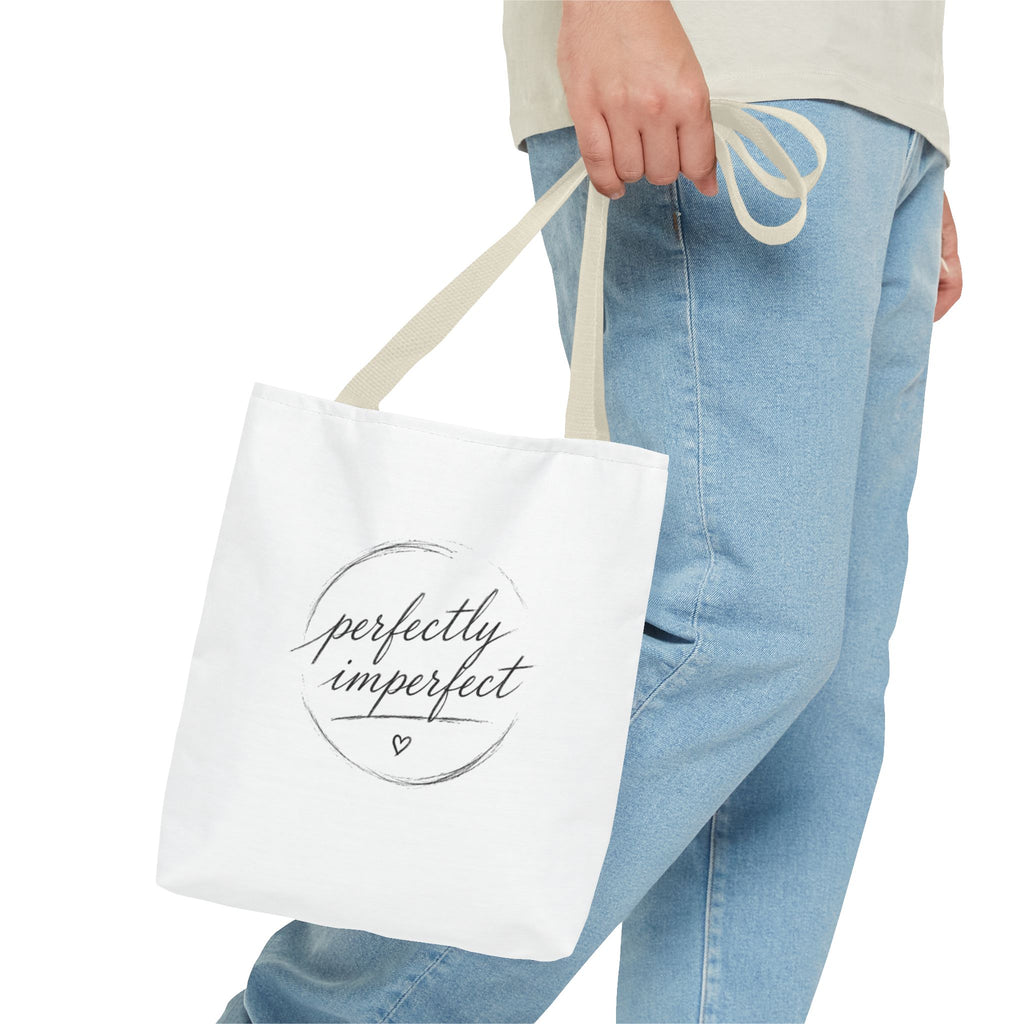 Perfectly Imperfect Tote Bag – Minimal Script Canvas Tote with Heart