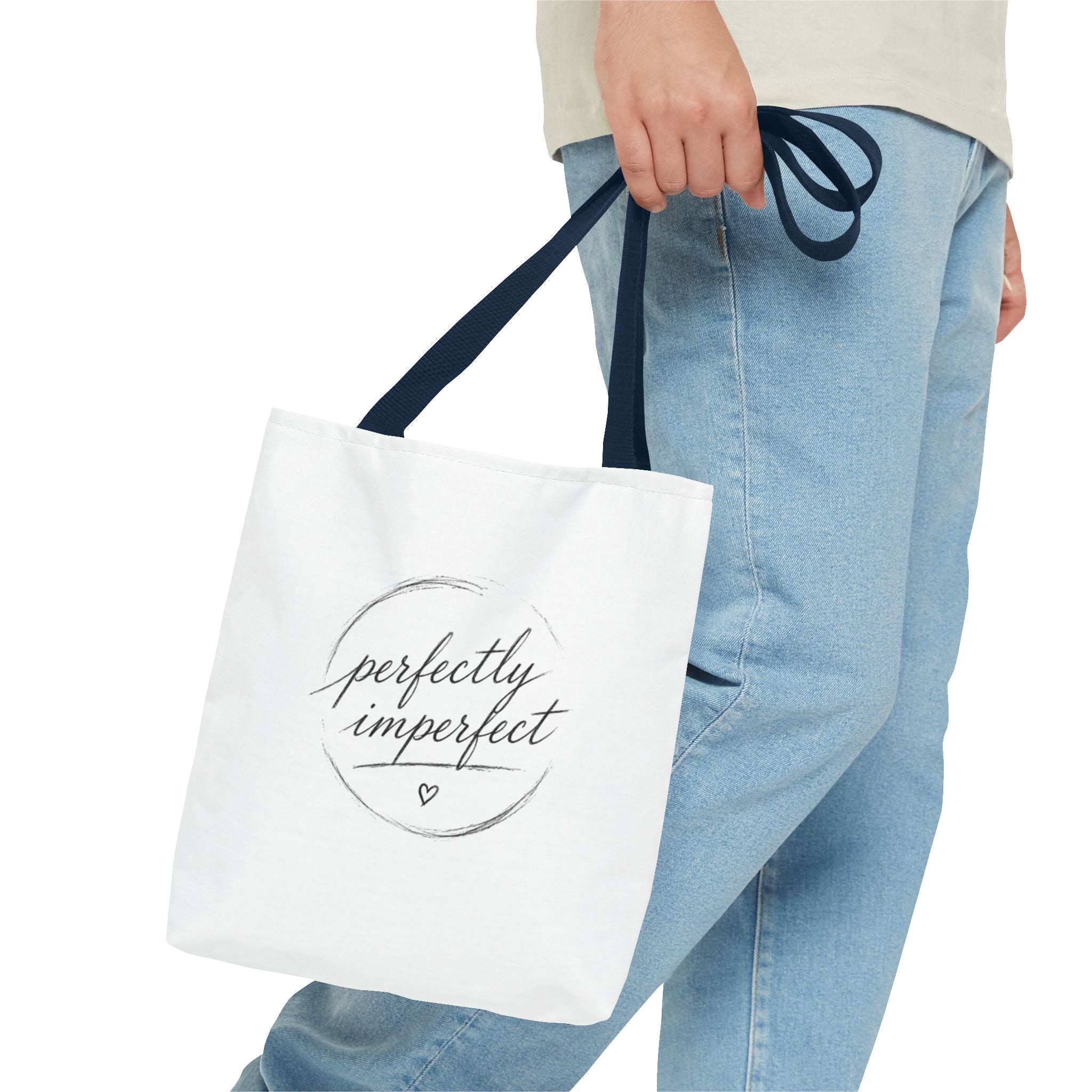 Perfectly Imperfect Tote Bag – Minimal Script Canvas Tote with Heart