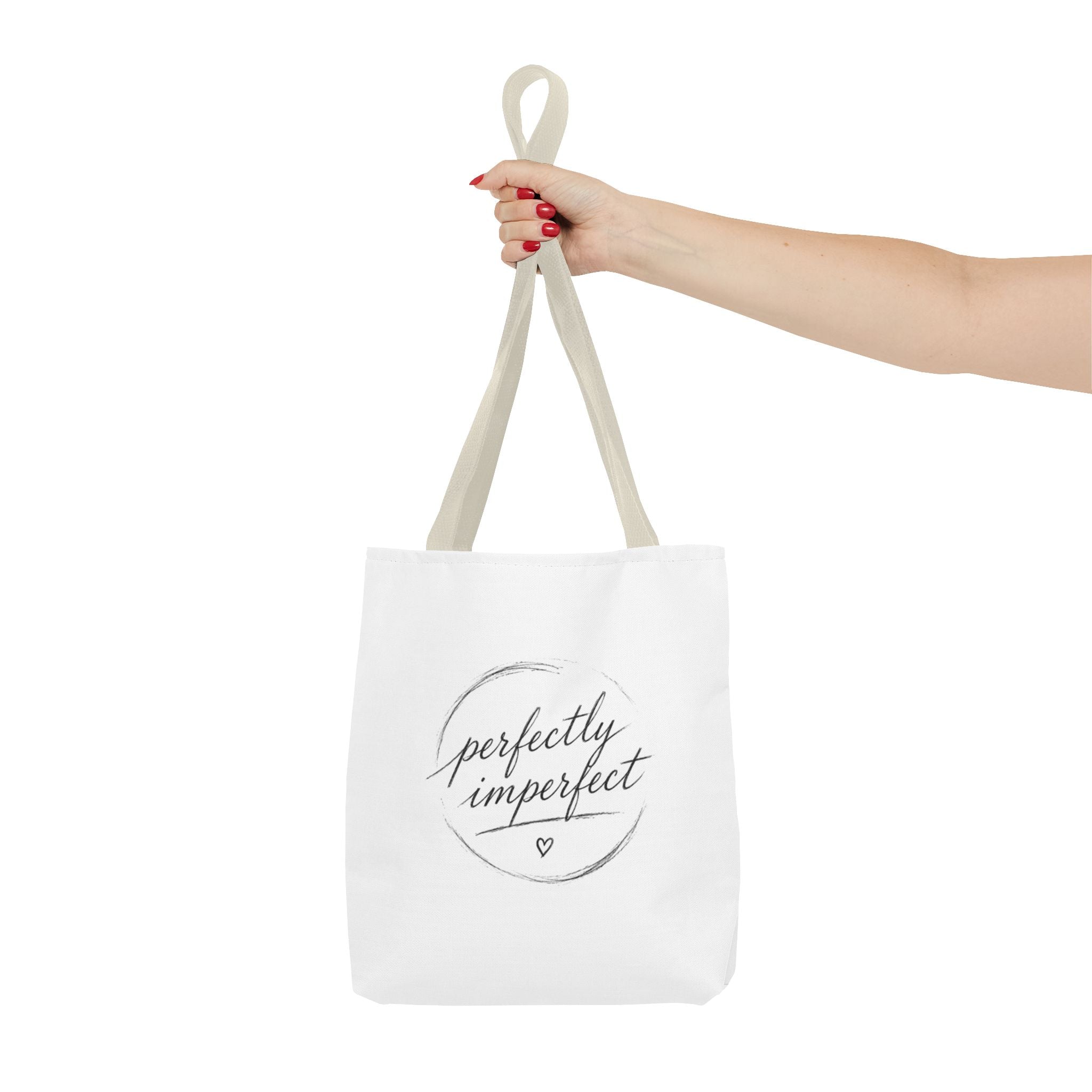 Perfectly Imperfect Tote Bag – Minimal Script Canvas Tote with Heart