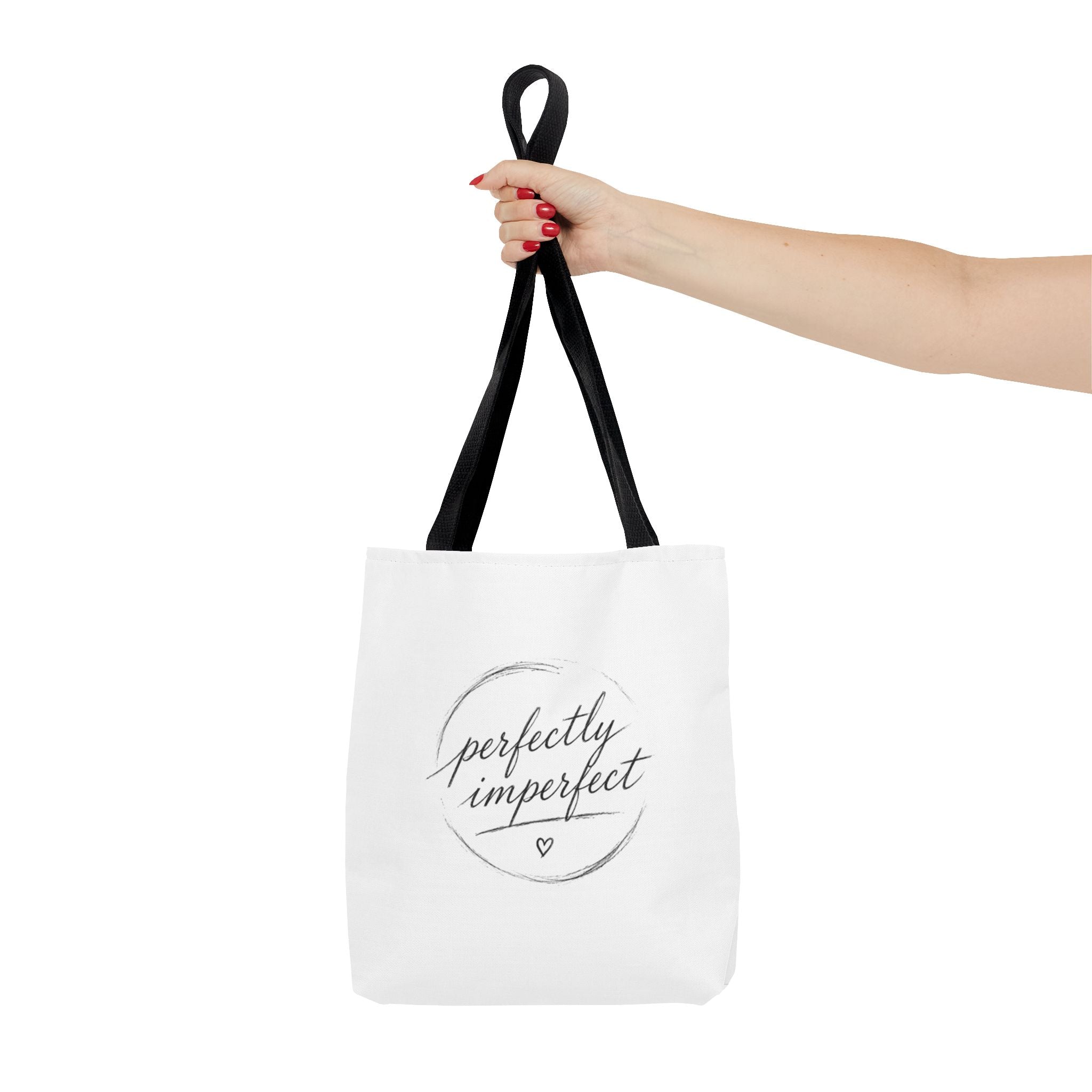 Perfectly Imperfect Tote Bag – Minimal Script Canvas Tote with Heart