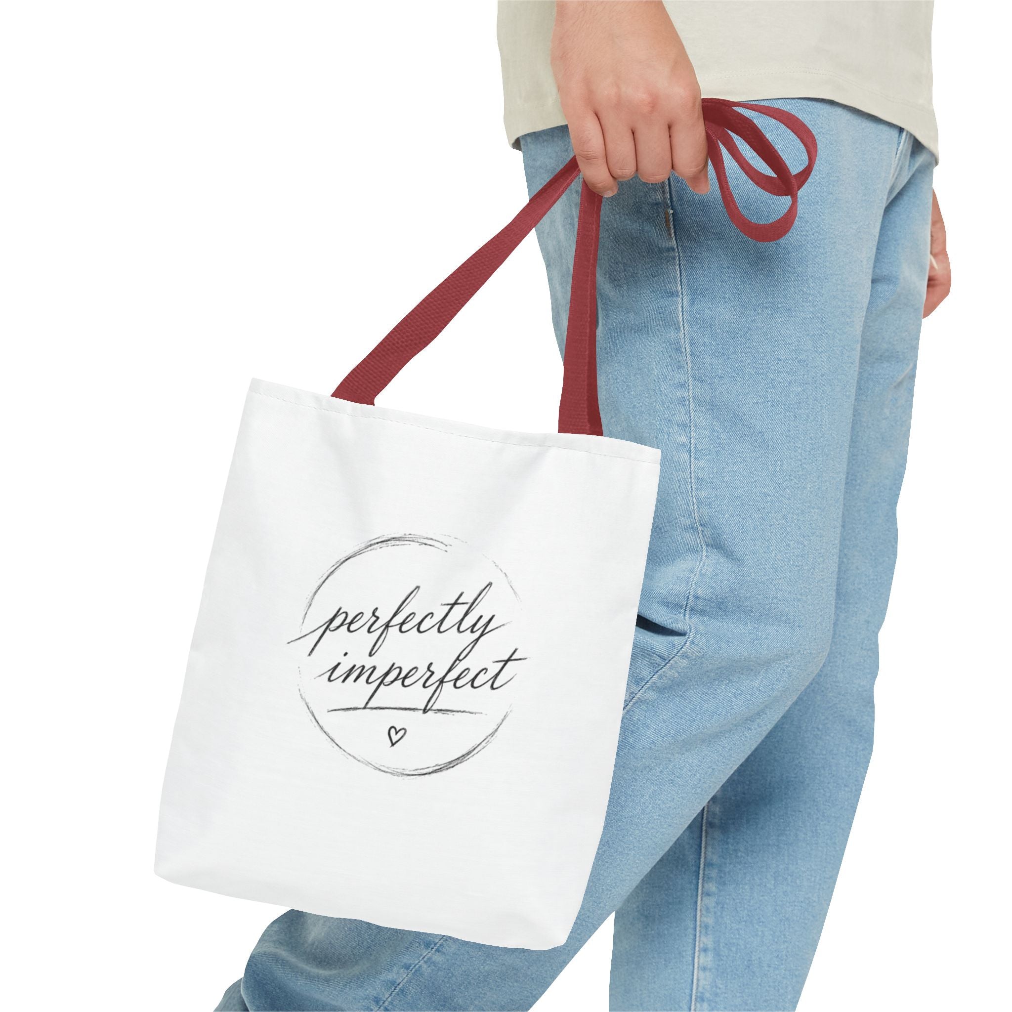 Perfectly Imperfect Tote Bag – Minimal Script Canvas Tote with Heart