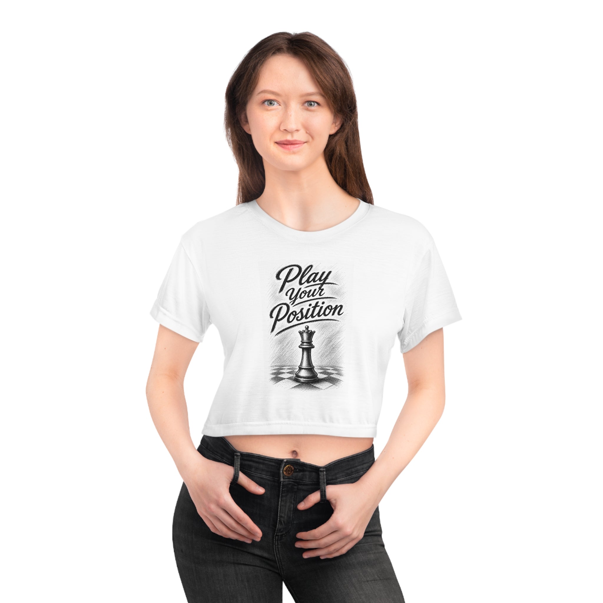 Play Your Position Crop Tee — Chess Queen Graphic Crop Top