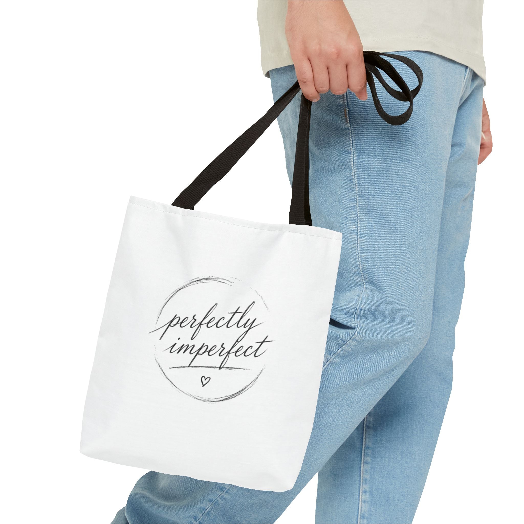 Perfectly Imperfect Tote Bag – Minimal Script Canvas Tote with Heart